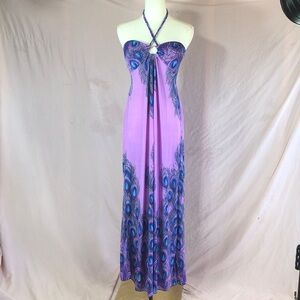 Strapless Halter Peacock Print Maxi Dress - Purple Size Medium